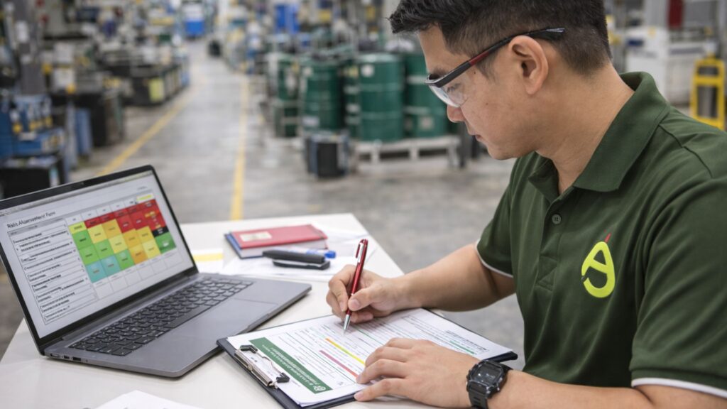 Safety professional reviewing workplace risk assessment documents on a clipboard and laptop during hazard identification planning
