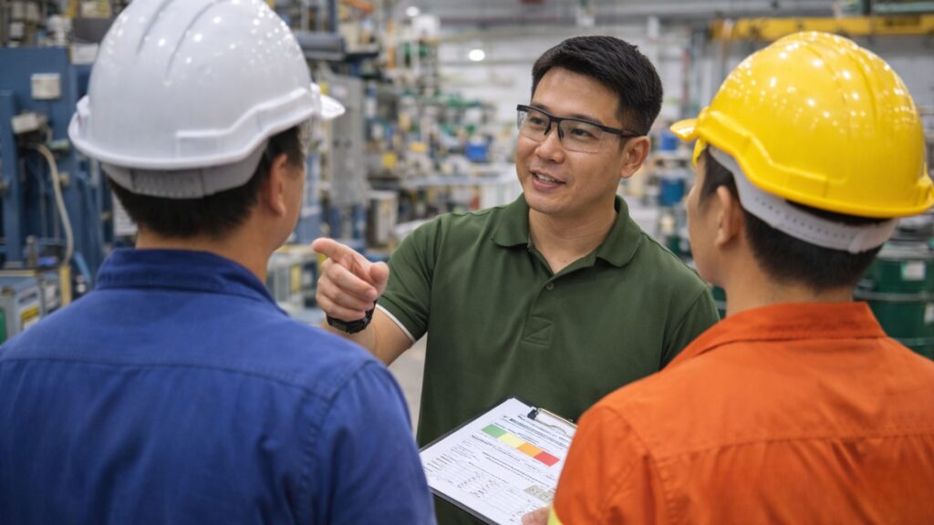 Safety consultant discussing workplace hazard assessment with workers to improve safety compliance and reduce workplace risks