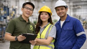 Workplace safety team wearing PPE discussing an occupational health and safety program in Singapore to manage workplace risks and protect employees