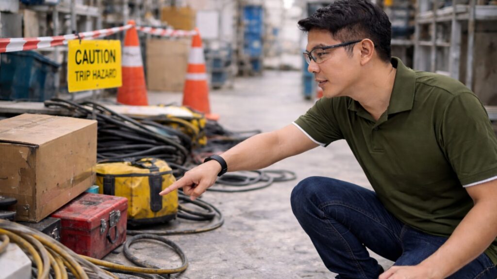 Safety officer inspecting workplace hazards as part of an occupational health and safety program in Singapore