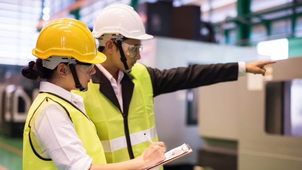 Safety officers reviewing workplace conditions and implementing improvements under an occupational health and safety program