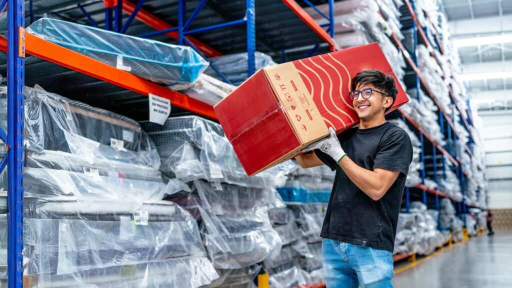 Warehouse worker performing manual handling task highlighting workplace risk assessment needs in occupational health and safety program Singapore