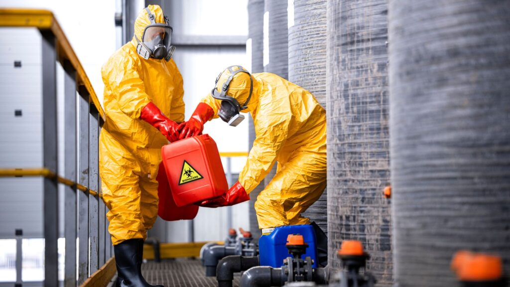 Workers wearing protective suits managing hazardous materials under occupational health and safety program Singapore compliance requirements