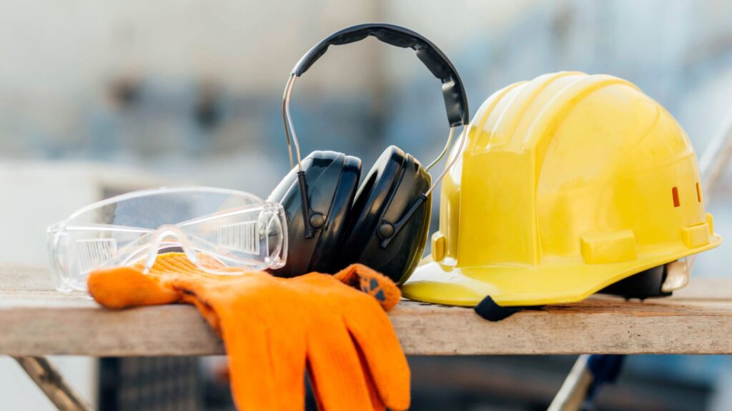 Personal protective equipment including helmet gloves goggles and earmuffs used in occupational health and safety program Singapore workplaces