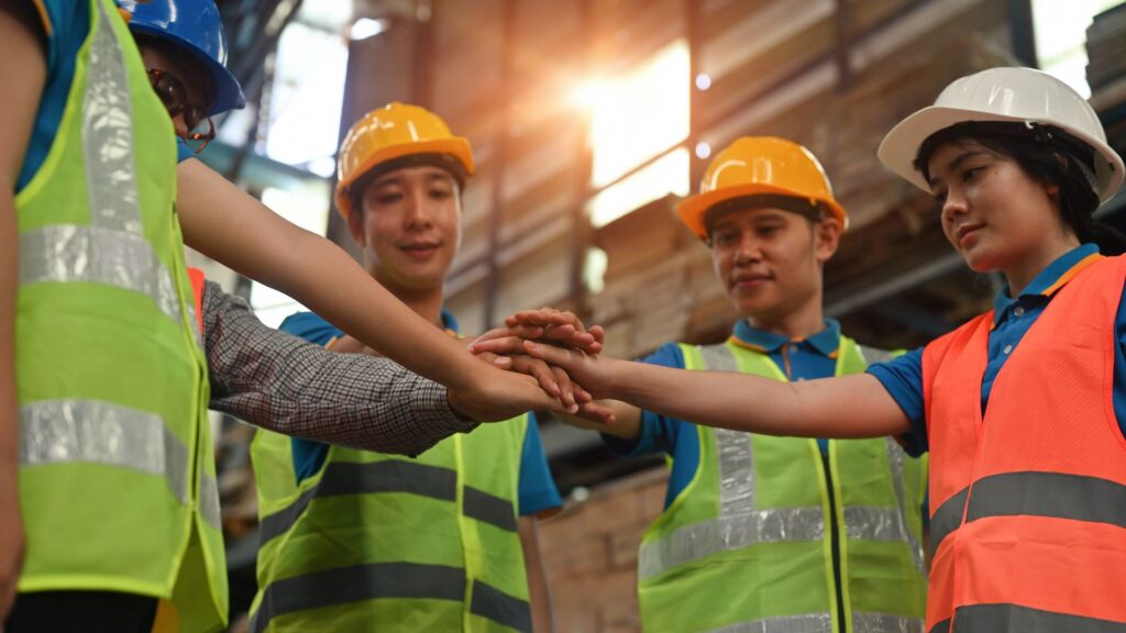 Employees demonstrating workplace safety culture teamwork under occupational health and safety program Singapore implementation
