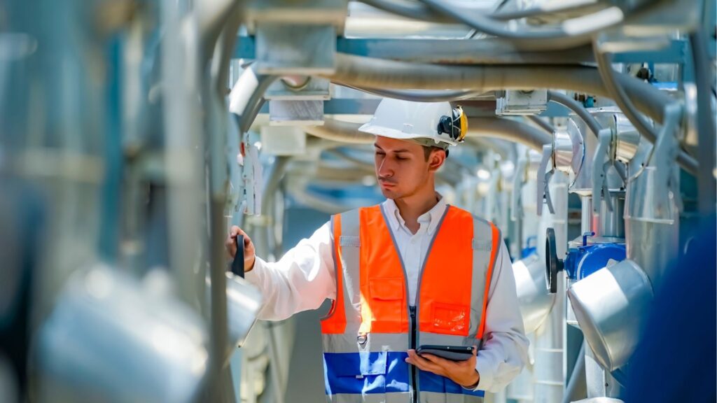 Engineer conducting industrial workplace risk assessment as part of an occupational health and safety program in Singapore
