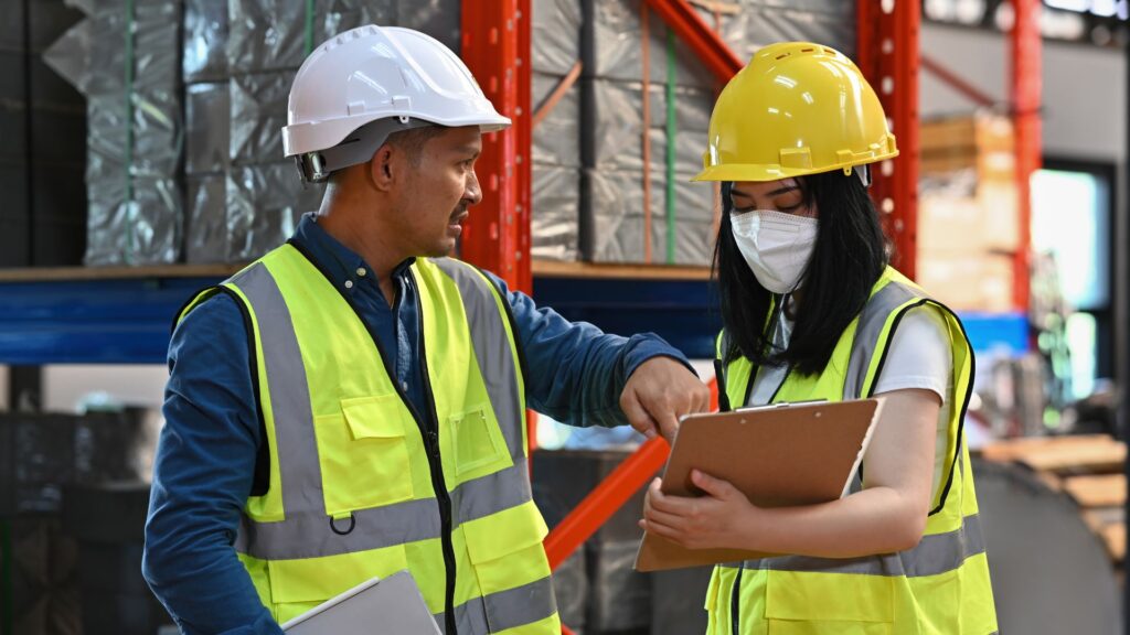 Warehouse workers reviewing safety inspection checklist to reduce workplace injury risks and improve occupational safety compliance