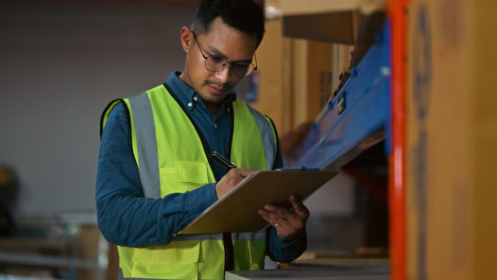 Warehouse worker completing safety inspection checklist to reduce injury risks and support workplace safety compliance in Singapore