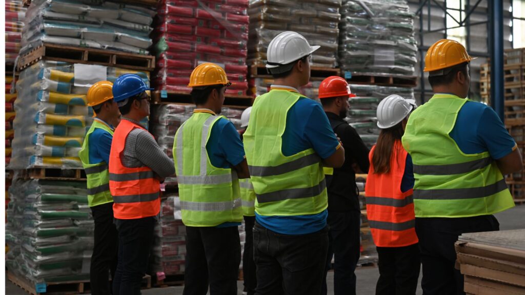 Workers attending workplace safety briefing session to improve injury prevention awareness in warehouse operations Singapore