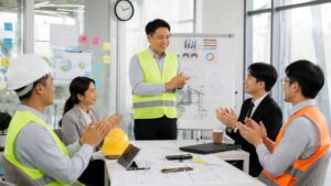 Workplace supervisor in safety vest conducting a toolbox meeting with construction workers at a whiteboard in Singapore