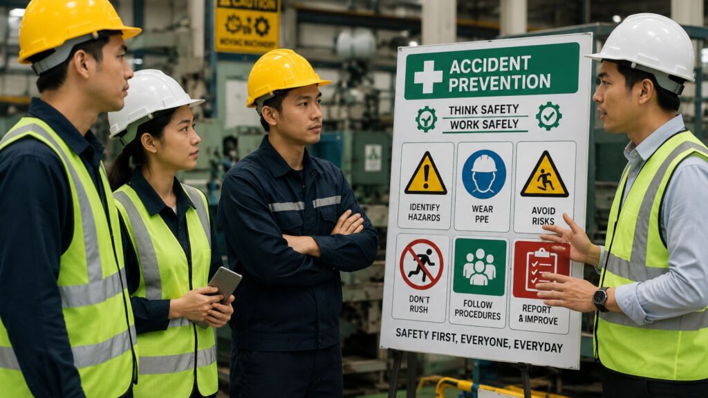 Workers in safety vests listening to a supervisor beside an accident prevention sign on an industrial site in Singapore