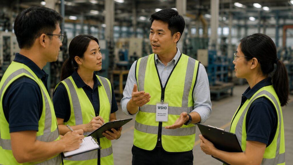 WSHO in hi-vis vest conducting a toolbox meeting with three workers on a factory floor