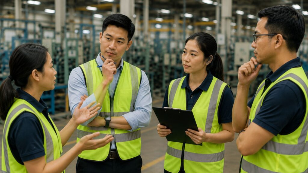 Four workers in safety vests having a focused discussion about workplace hazards before starting a shift