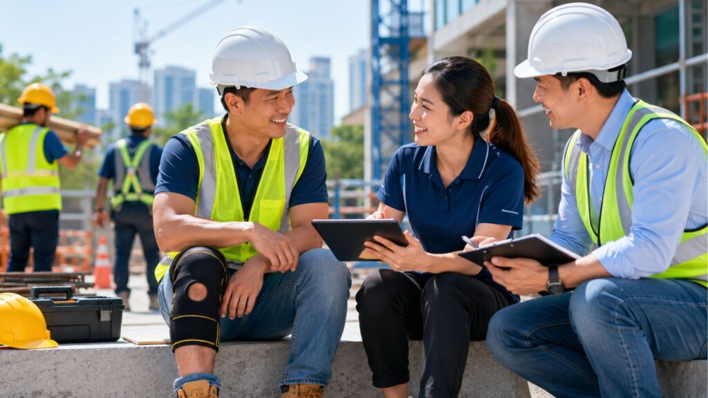 HR manager and physiotherapist discussing an employee's return-to-work plan on a construction site in Singapore