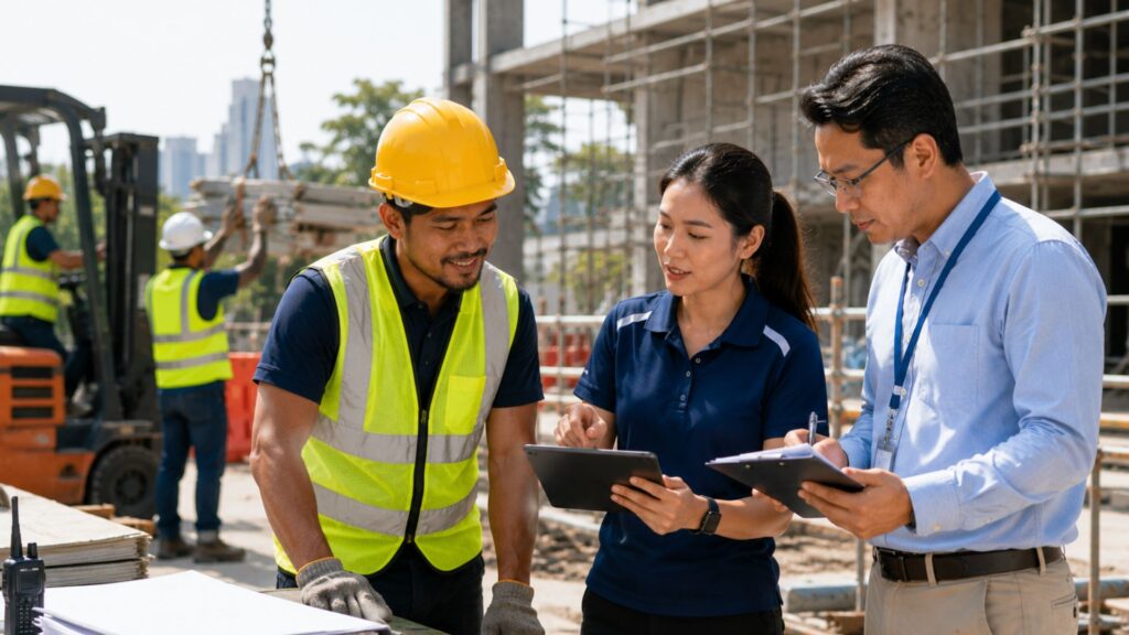 Employer and WSH officer reviewing WICA return-to-work documentation with an injured worker on a construction site