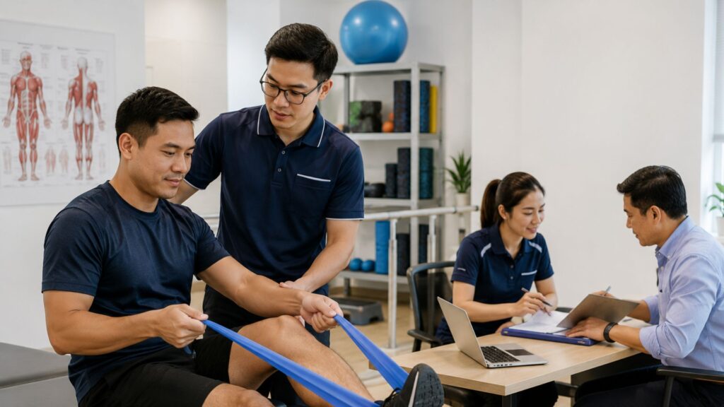 Physiotherapist conducting a functional capacity assessment with an injured employee as part of a structured RTW rehabilitation programme