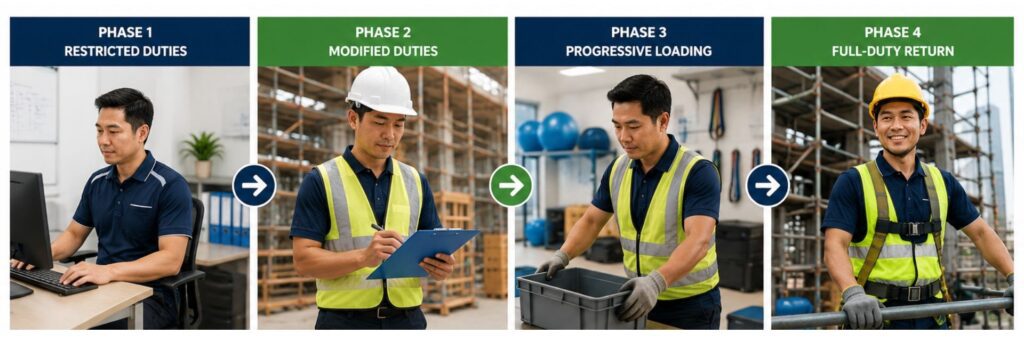 Four phases of a phased return-to-work programme: restricted duties, modified duties, progressive loading, and full-duty return