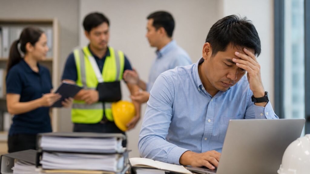 HR manager stressed by poorly managed workplace injury case — highlighting common return-to-work mistakes Singapore employers make