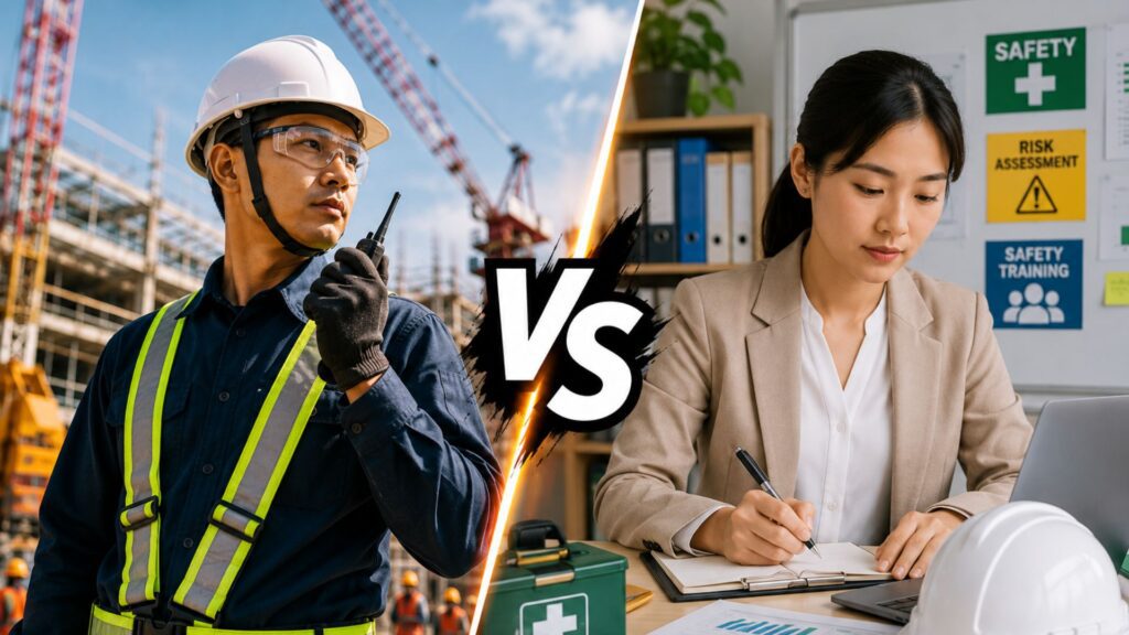 WSH Officer on a construction site versus a Safety Coordinator working at a desk — illustrating the difference between the two workplace safety roles in Singapore