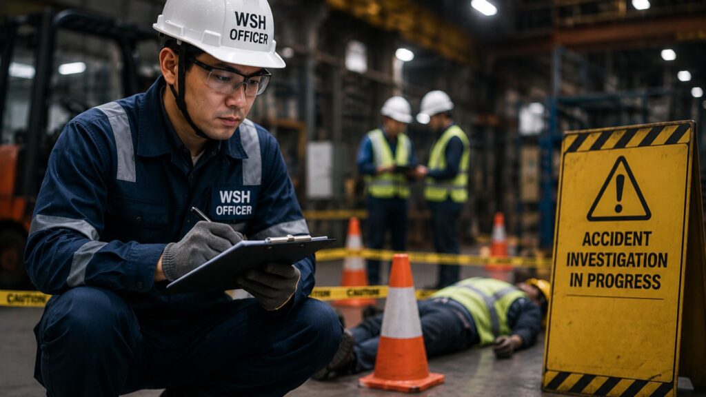 MOM-registered WSH Officer in hard hat documenting findings during a workplace accident investigation on an industrial site