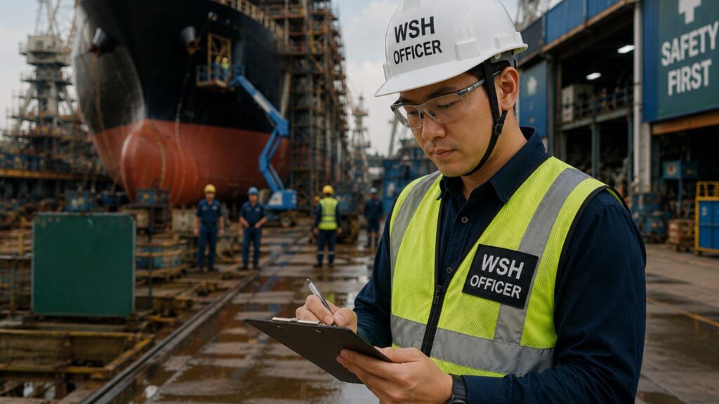 MOM-registered WSH Officer with clipboard conducting a safety inspection at a Singapore shipyard