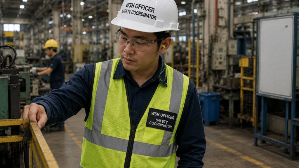 Safety professional wearing both WSH Officer and Safety Coordinator badges conducting an inspection on a factory floor