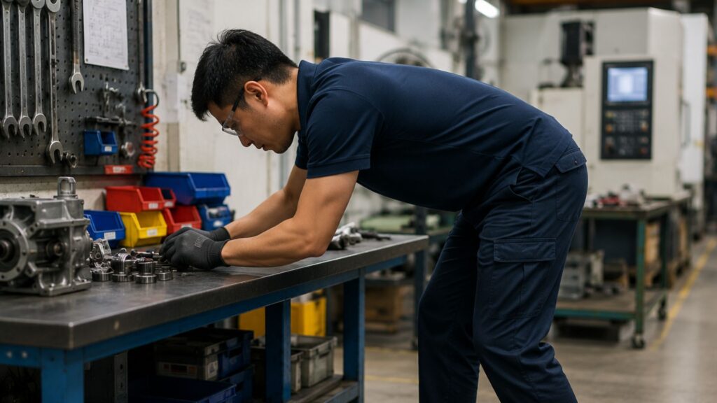 Male worker bending forward over a workbench in poor posture while performing assembly work with tools and components