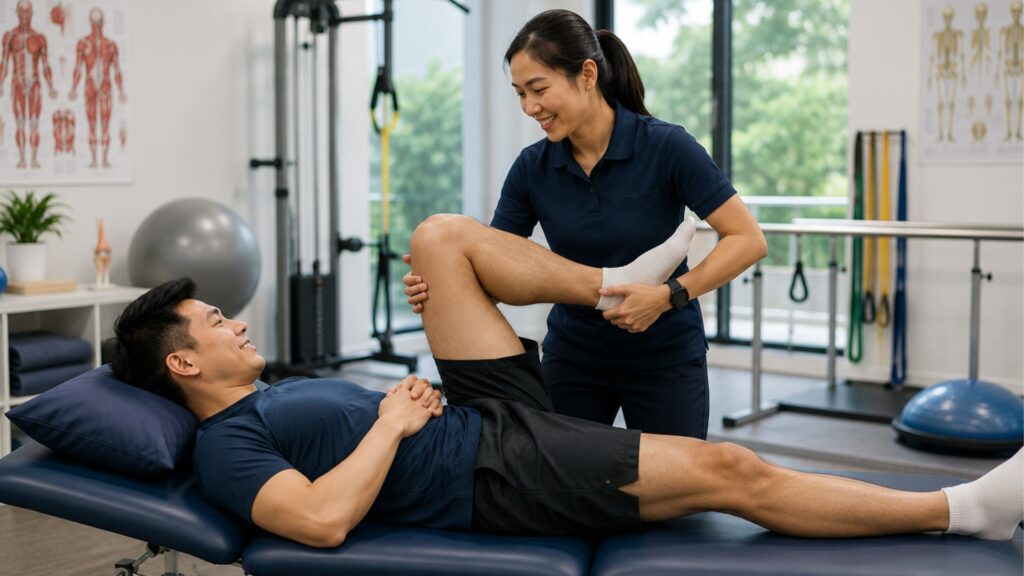 Female physiotherapist or occupational health professional in navy blue polo conducting a knee or leg assessment on a male patient lying on a treatment bed in a modern rehabilitation clinic. Anatomical posters of the muscular system and suspension training equipment are visible in the background