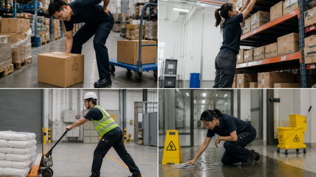 Four-panel warehouse manual handling scenarios: worker bending at waist while using hand truck, female worker reaching overhead to high shelf, worker in hard hat and high-visibility vest safely operating pallet jack, and female worker squatting to clean warehouse floor near wet floor signs