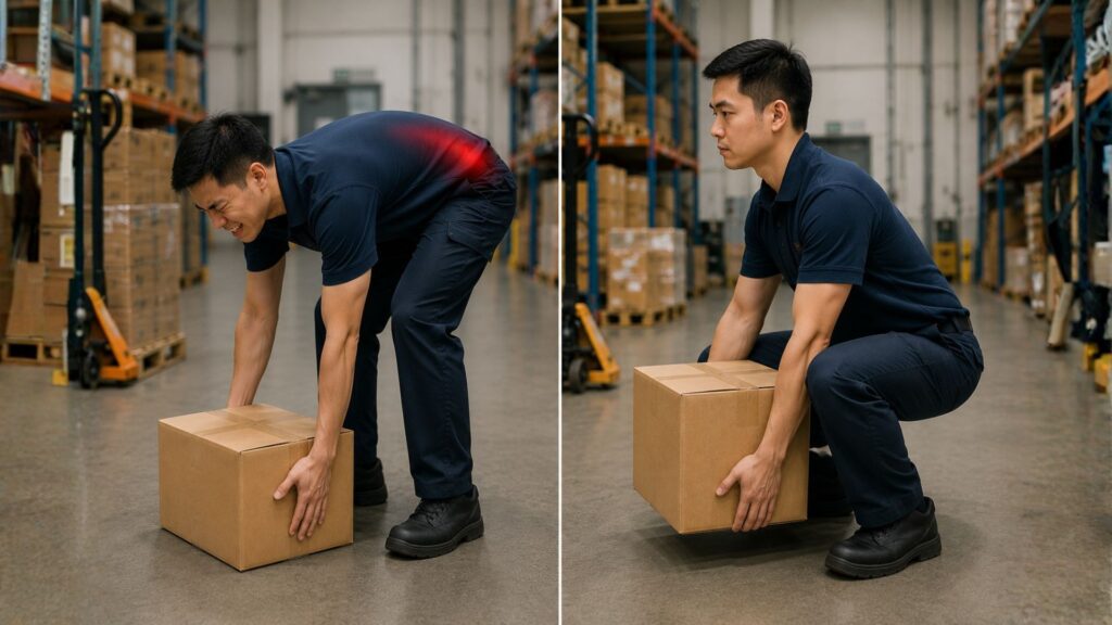 Warehouse worker demonstrating incorrect lifting technique by bending at the waist with a rounded lower back while lifting a cardboard box from floor level. Red heat visualization highlights pain and strain on the lower back area, showing biomechanical stress