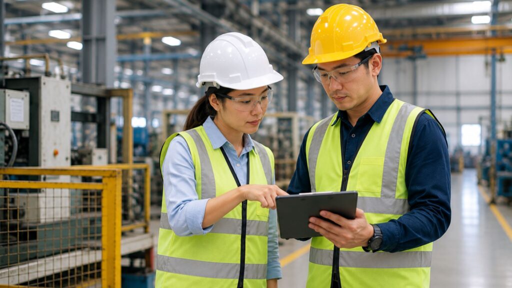 Female and male safety supervisors in hard hats and high-visibility vests reviewing risk assessment data on tablet device while conducting warehouse inspection, with manufacturing machinery and storage areas visible in background