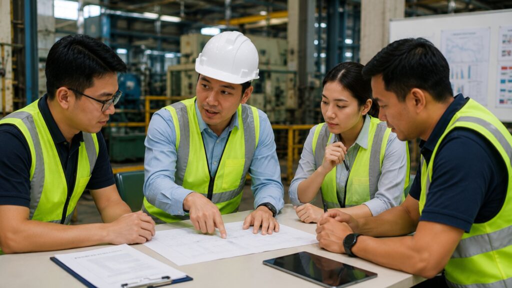Four-person team including safety supervisors in hard hats and safety vests gathered around table reviewing risk assessment documents, blueprints, and risk matrix framework, representing team collaboration and hazard analysis