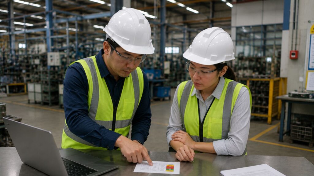 Safety professional in white hard hat taking notes on clipboard while inspecting manufacturing equipment marked with 'CAUTION MOVING PARTS' warning sign, conducting hazard identification at machinery workstation