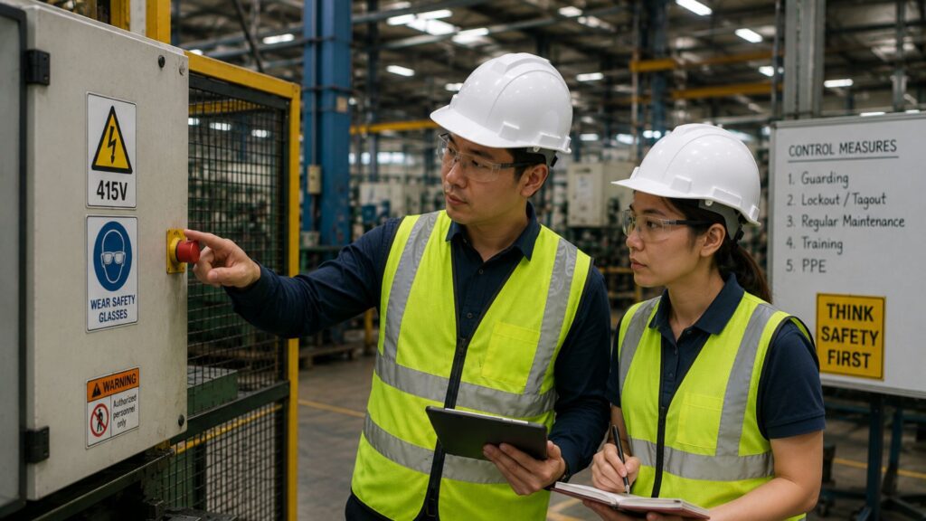 Two safety professionals in hard hats examining risk assessment data on tablet computer during warehouse risk evaluation, with manufacturing equipment and control panels visible in the background