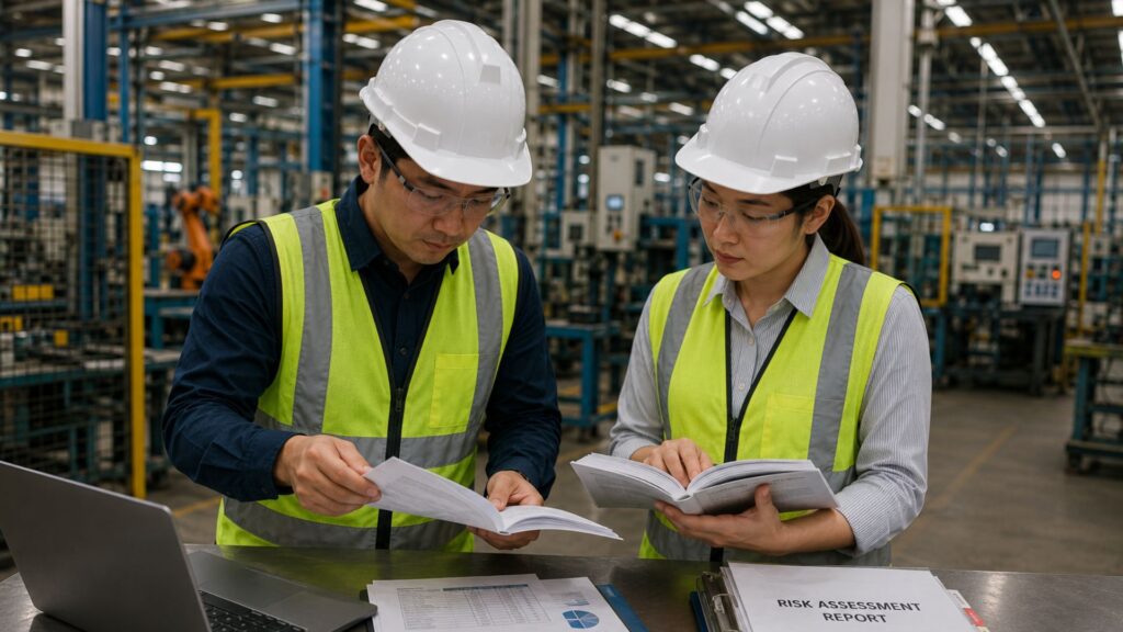 Male and female safety supervisors in hard hats and safety vests reviewing open risk assessment report notebook at workstation table in warehouse environment, with laptop and risk data visible