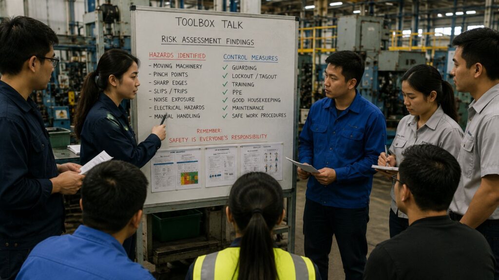 Toolbox talk safety briefing with large presentation board displaying 'RISK ASSESSMENT FINDINGS' including hazards identified (moving machinery, pinch points, sharp edges, slips/trips, noise exposure, electrical hazards, manual handling) and corresponding control measures (guarding, lockout/tagout, training, PPE, good housekeeping, maintenance, safe work procedures), with diverse group of workers gathered around. Board includes safety reminder 'SAFETY IS EVERYONE'S RESPONSIBILITY' and risk matrix visualization"
