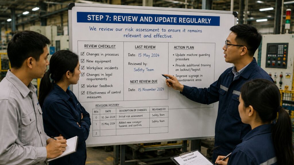 Safety team and management reviewing Step 7 risk assessment review checklist poster that documents review items (changes in processes, new equipment, workplace incidents, legal requirement changes, worker feedback, effectiveness of control measures), last review date, next review due date, action plan items, and revision history table