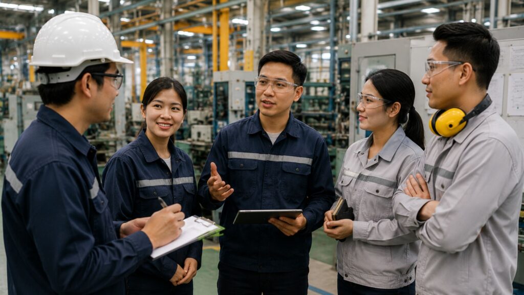 Two safety professionals in hard hats reviewing risk assessment findings documentation and risk matrix report in industrial warehouse setting, with laptop and printed risk assessment documents visible on workspace