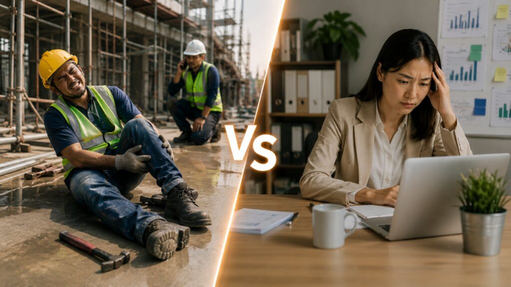 Side-by-side comparison showing construction worker in hard hat and safety vest crouching on a construction site with scaffolding in background (left) versus female office worker in business attire sitting at desk with laptop and paperwork, stressed, with office environment in background (right), separated by a white 'vs' divider