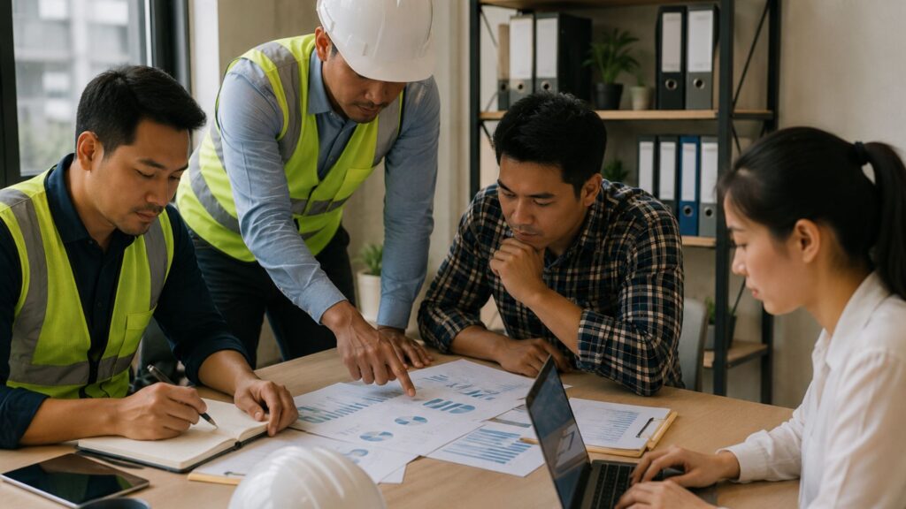 Four professionals including two construction workers in safety vests and hard hat gathered around a table reviewing printed documents and blueprints with a laptop, discussing incident investigation, management procedures, and workplace accident response in a modern office setting