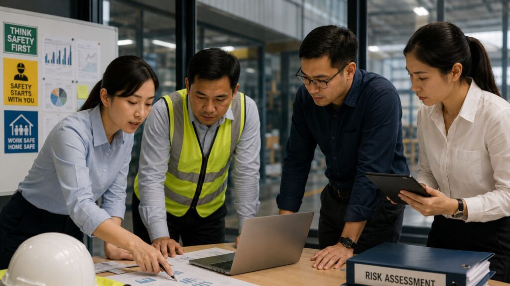 Four professionals including construction workers in safety vests and office staff gathered around a laptop reviewing risk assessment documents and plans, with safety posters visible in background including 'Think Safety First' and workplace safety statistics, representing workplace safety planning and investment