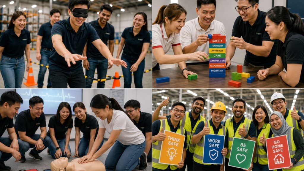 Four-panel composite image showing workplace safety culture and training: (top left) diverse team in matching uniforms participating in hands-on safety exercise outdoors, (top right) team holding rainbow-colored building blocks labeled with safety priorities and values, (bottom left) six employees in casual attire crouching together for group safety training, (bottom right) diverse workforce in safety vests and hard hats holding color-coded safety signs reading 'THINK SAFE', 'WORK SAFE', 'BE SAFE', 'GO HOME SAFE