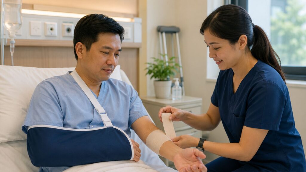 Healthcare worker in navy blue uniform caring for male patient in hospital gown sitting on bed with arm in protective sling, demonstrating medical care and post-injury recovery in a modern medical facility with bright windows and indoor plants