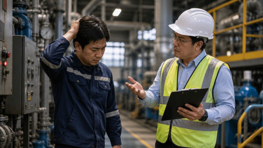Employer looking concerned while a MOM workplace safety inspector reviews findings on a clipboard at an industrial facility in Singapore