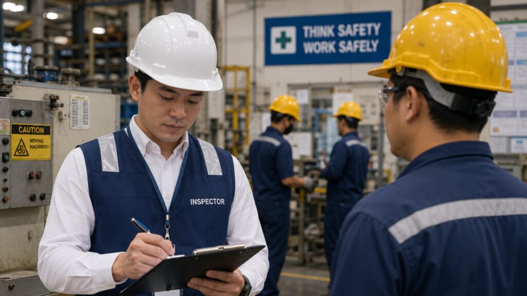 MOM inspector in blue vest writing notes on a clipboard during a workplace safety inspection on a Singapore factory floor