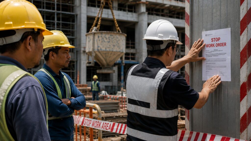 Workers on a Singapore construction site reading a Stop Work Order posted on a barrier — illustrating the consequences of a failed MOM inspection