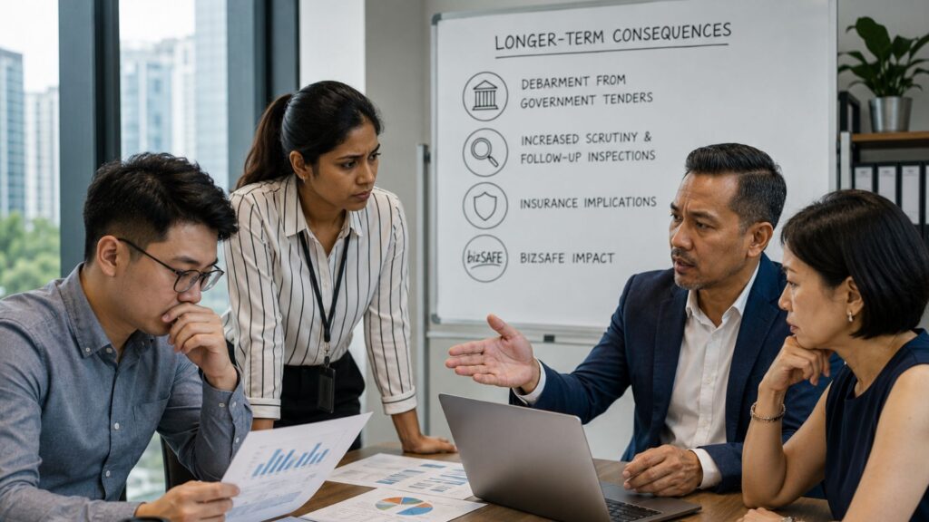 Singapore management team in a meeting reviewing the longer-term consequences of a failed MOM inspection including tender debarment, increased scrutiny, and bizSAFE impact