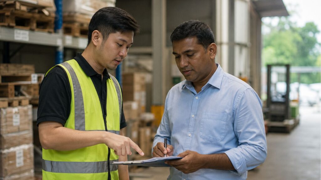 WSH officer and manager reviewing a workplace safety compliance checklist in a Singapore warehouse before a MOM inspection
