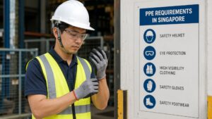 Worker putting on safety gloves on an industrial site beside a PPE requirements checklist showing helmet, eye protection, gloves, hi-vis clothing and safety footwear