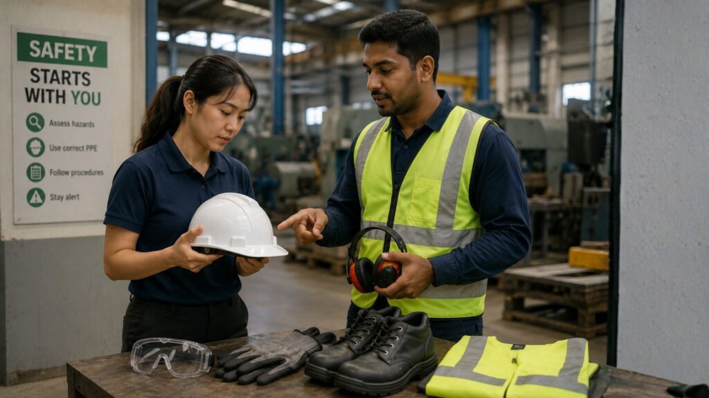 WSH officer and worker reviewing personal protective equipment including helmet, gloves, safety boots and eye protection at an industrial workbench in Singapore